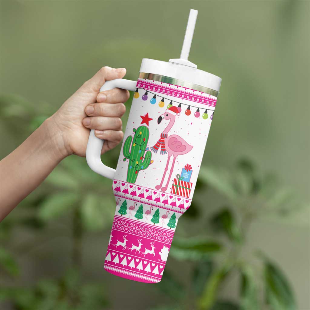 Pink Flamingo Christmas Tumbler With Handle Xmas Holiday Patterns - Wonder Print Shop