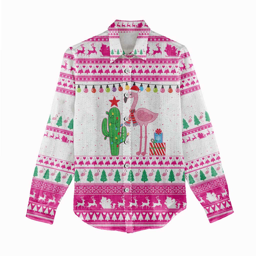 Pink Flamingo Christmas Women Casual Shirt Xmas Holiday Patterns - Wonder Print Shop