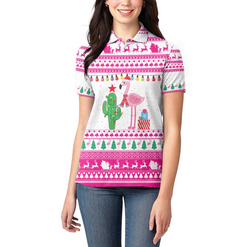 Pink Flamingo Christmas Women Polo Shirt Xmas Holiday Patterns - Wonder Print Shop