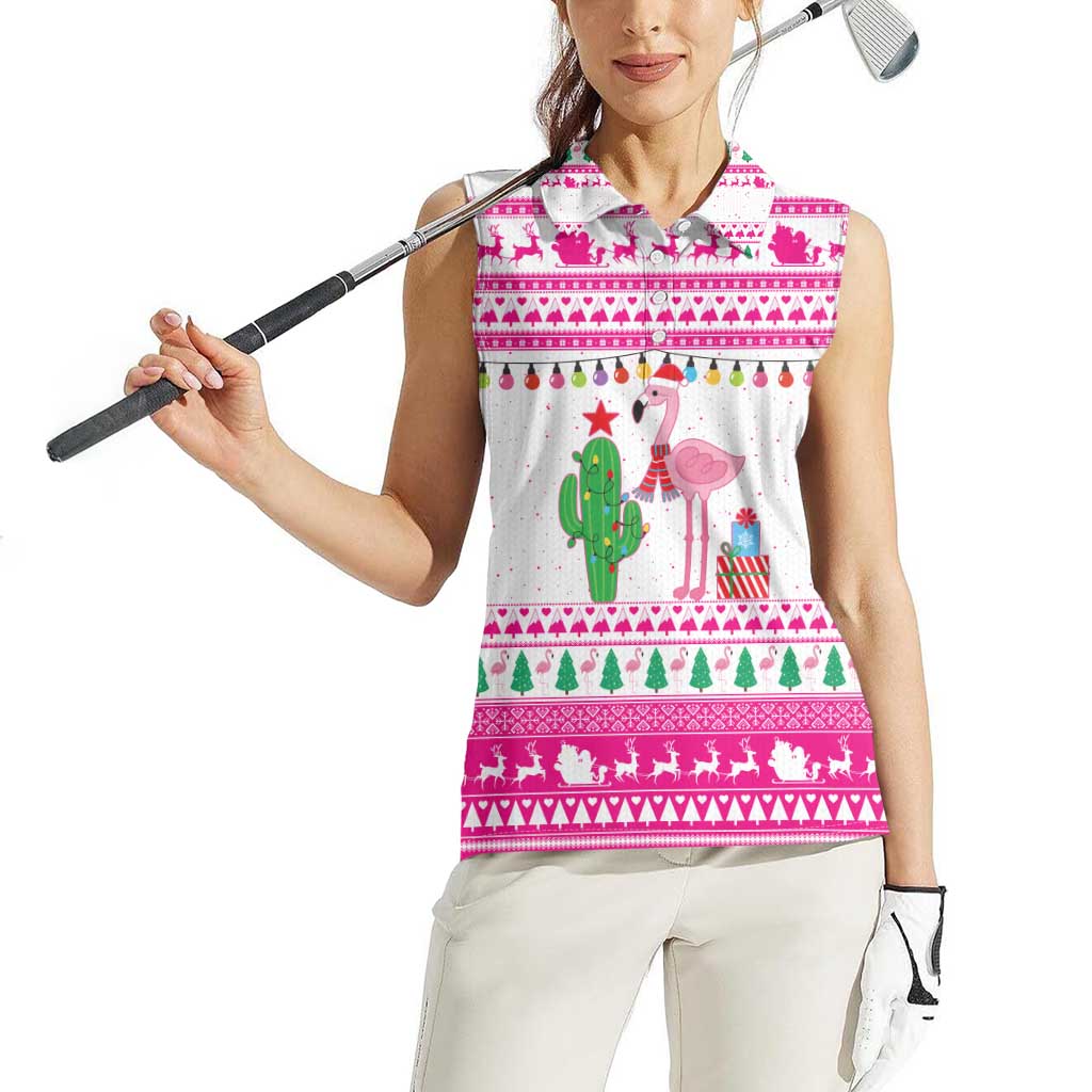 Pink Flamingo Christmas Women Sleeveless Polo Shirt Xmas Holiday Patterns - Wonder Print Shop