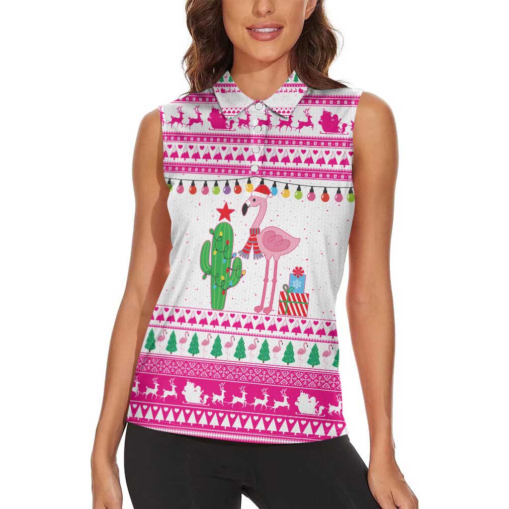Pink Flamingo Christmas Women Sleeveless Polo Shirt Xmas Holiday Patterns - Wonder Print Shop