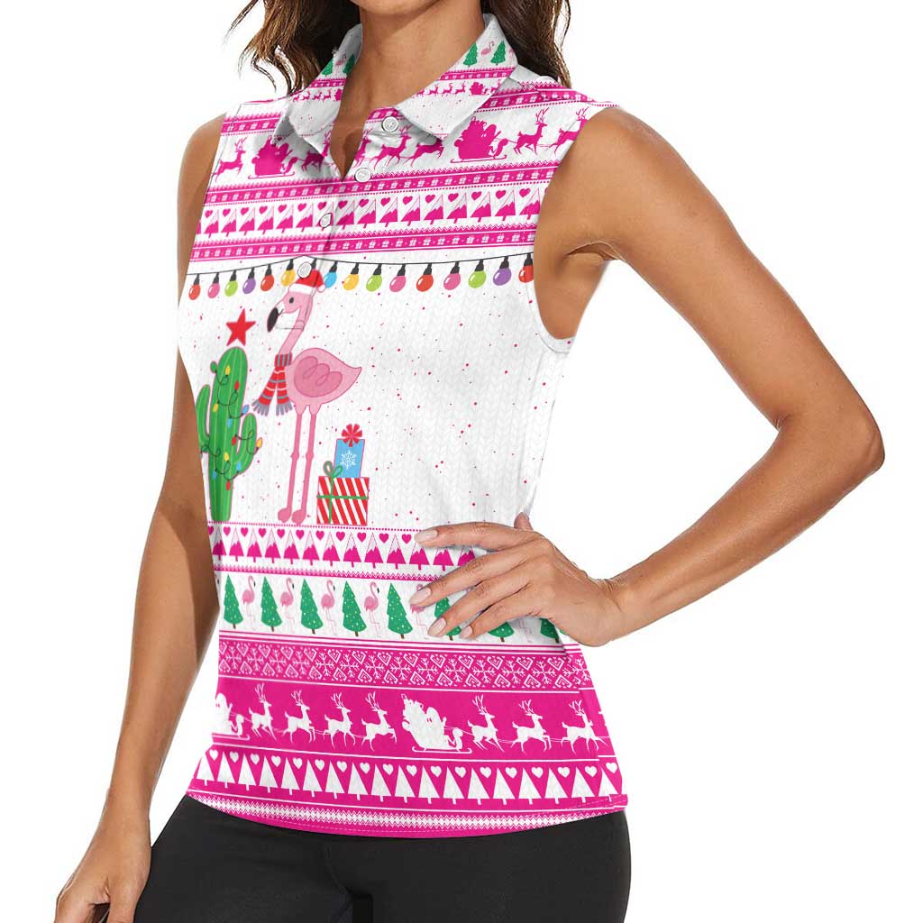 Pink Flamingo Christmas Women Sleeveless Polo Shirt Xmas Holiday Patterns - Wonder Print Shop