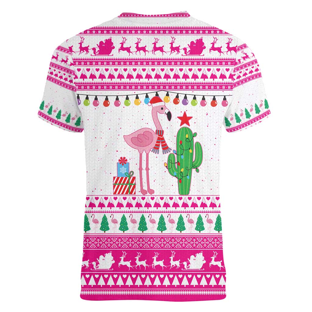 Pink Flamingo Christmas Women V-Neck T-Shirt Xmas Holiday Patterns - Wonder Print Shop