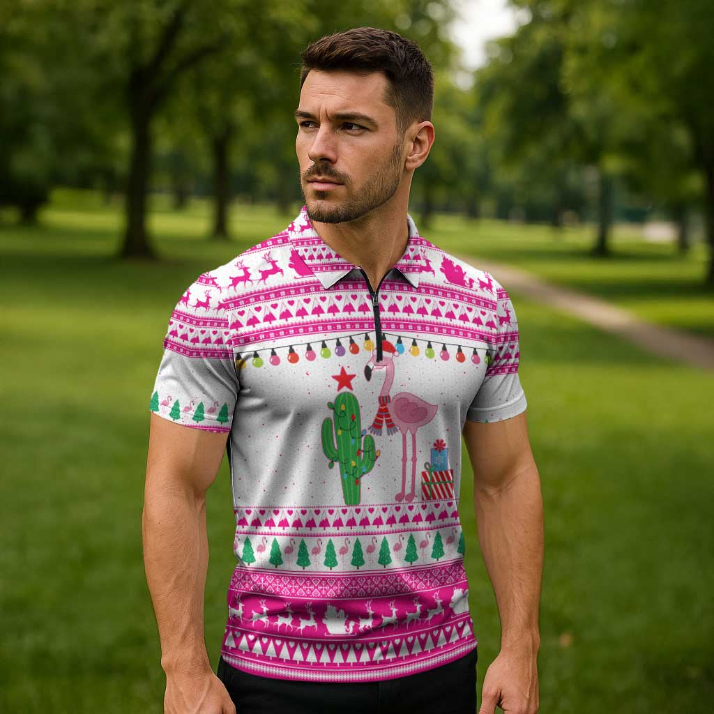 Pink Flamingo Christmas Zipper Polo Shirt Xmas Holiday Patterns - Wonder Print Shop