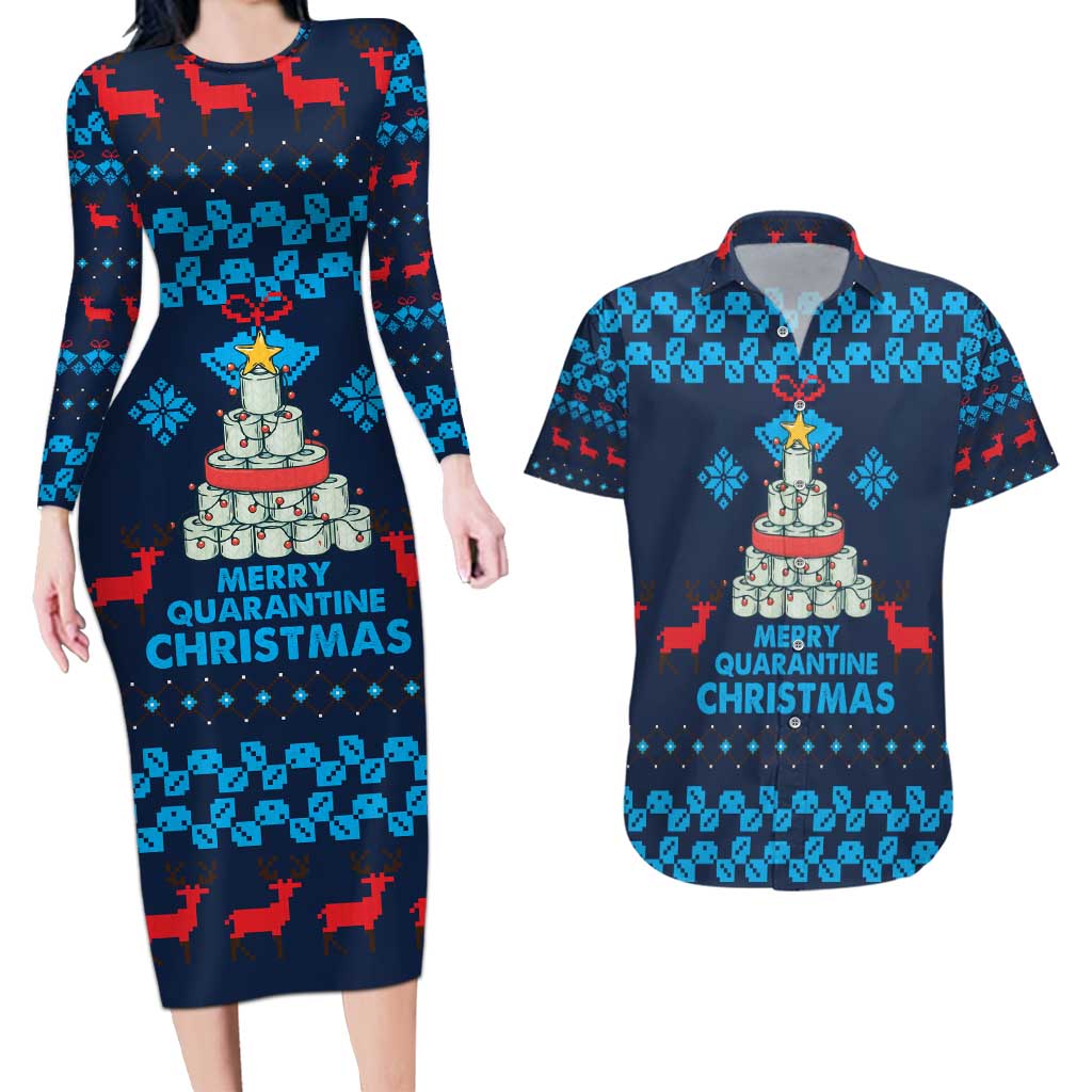 Merry Quarantine Christmas Couples Matching Long Sleeve Bodycon Dress and Hawaiian Shirt Xmas Holiday Patterns - Wonder Print Shop