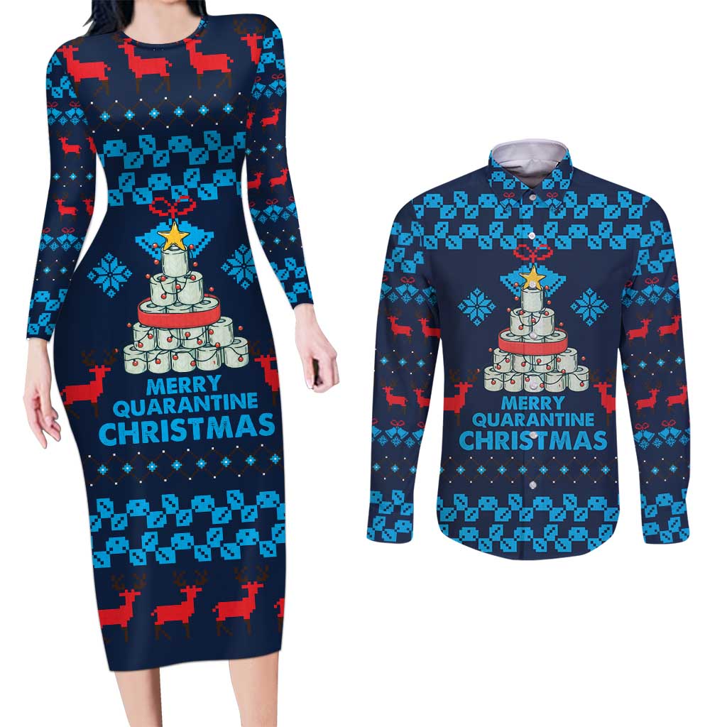 Merry Quarantine Christmas Couples Matching Long Sleeve Bodycon Dress and Long Sleeve Button Shirt Xmas Holiday Patterns - Wonder Print Shop