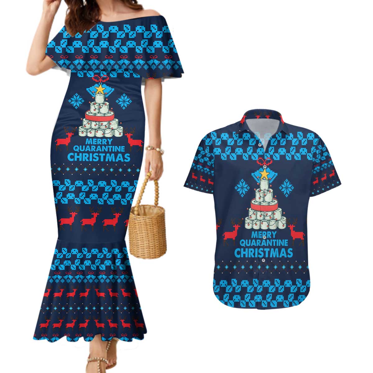 Merry Quarantine Christmas Couples Matching Mermaid Dress and Hawaiian Shirt Xmas Holiday Patterns - Wonder Print Shop