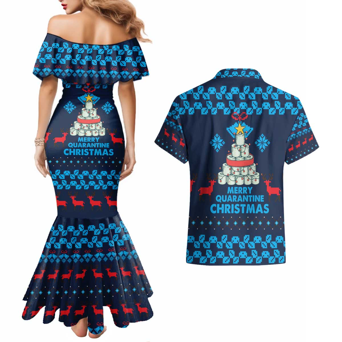 Merry Quarantine Christmas Couples Matching Mermaid Dress and Hawaiian Shirt Xmas Holiday Patterns - Wonder Print Shop