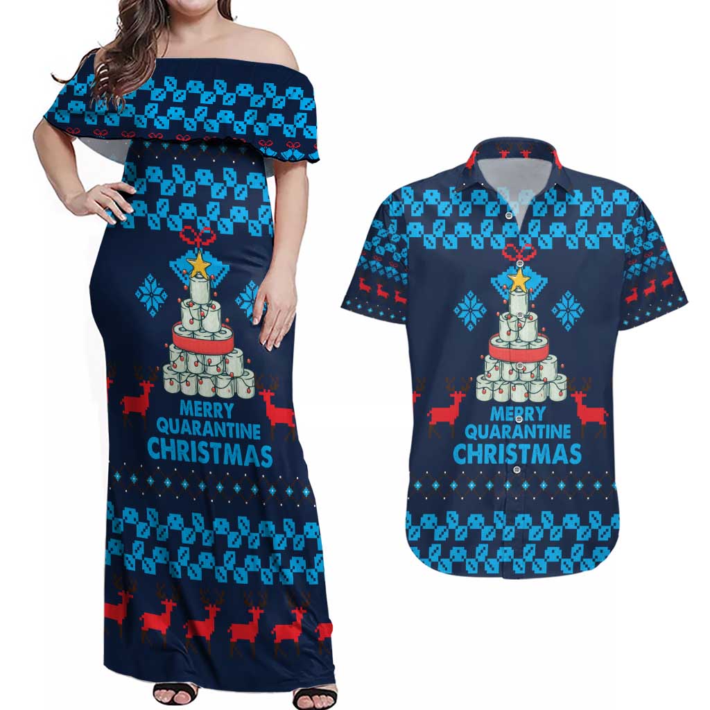 Merry Quarantine Christmas Couples Matching Off Shoulder Maxi Dress and Hawaiian Shirt Xmas Holiday Patterns - Wonder Print Shop