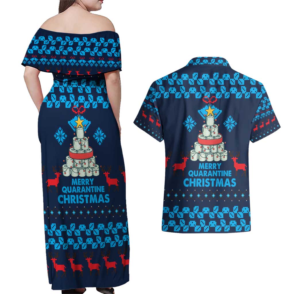 Merry Quarantine Christmas Couples Matching Off Shoulder Maxi Dress and Hawaiian Shirt Xmas Holiday Patterns - Wonder Print Shop