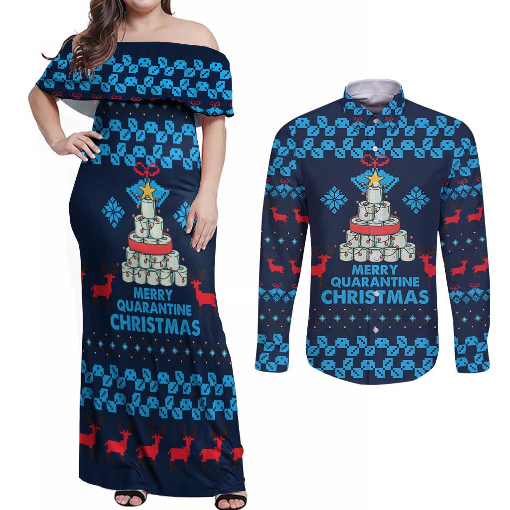 Merry Quarantine Christmas Couples Matching Off Shoulder Maxi Dress and Long Sleeve Button Shirt Xmas Holiday Patterns - Wonder Print Shop