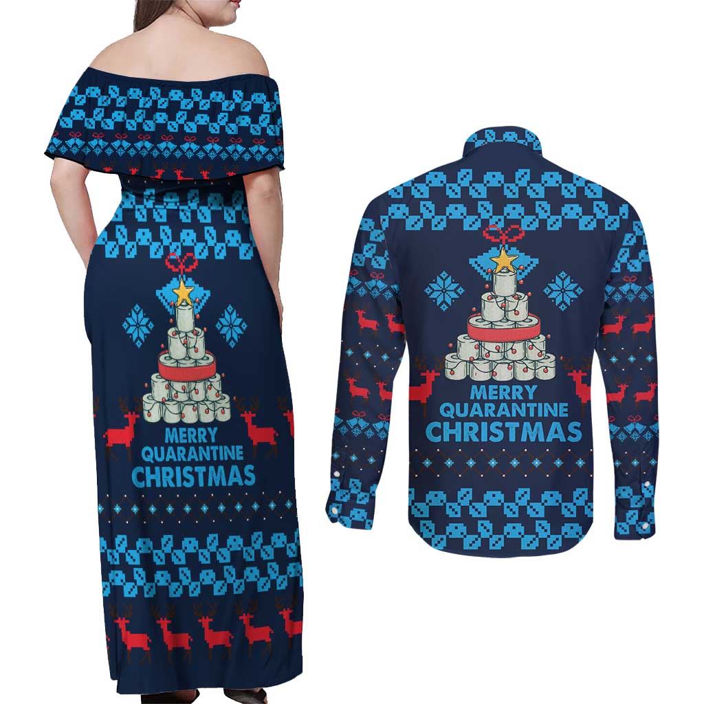 Merry Quarantine Christmas Couples Matching Off Shoulder Maxi Dress and Long Sleeve Button Shirt Xmas Holiday Patterns - Wonder Print Shop