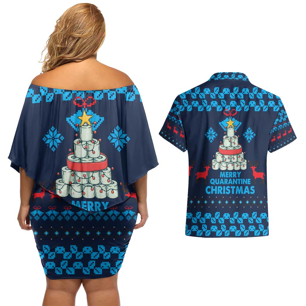 Merry Quarantine Christmas Couples Matching Off Shoulder Short Dress and Hawaiian Shirt Xmas Holiday Patterns - Wonder Print Shop