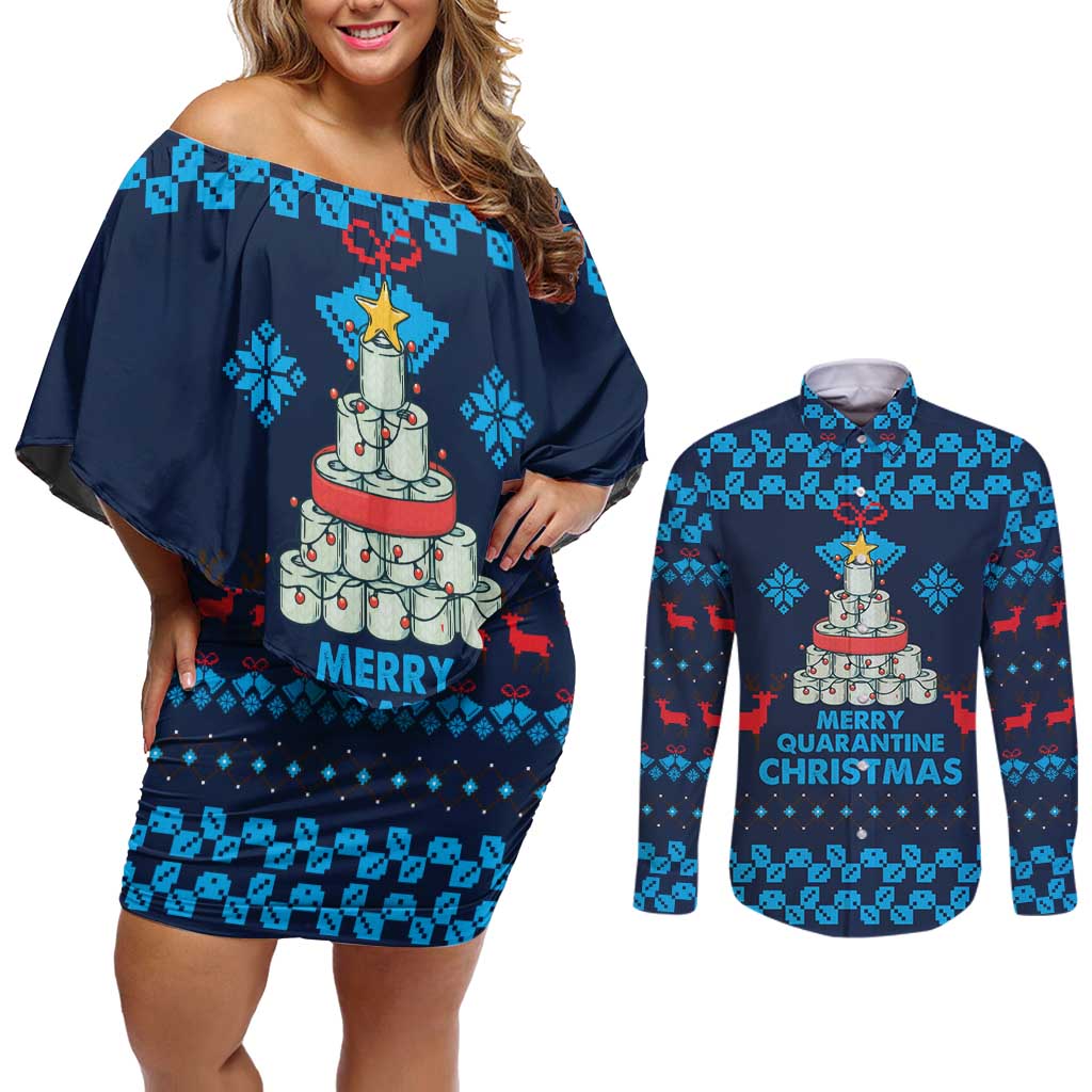 Merry Quarantine Christmas Couples Matching Off Shoulder Short Dress and Long Sleeve Button Shirt Xmas Holiday Patterns - Wonder Print Shop