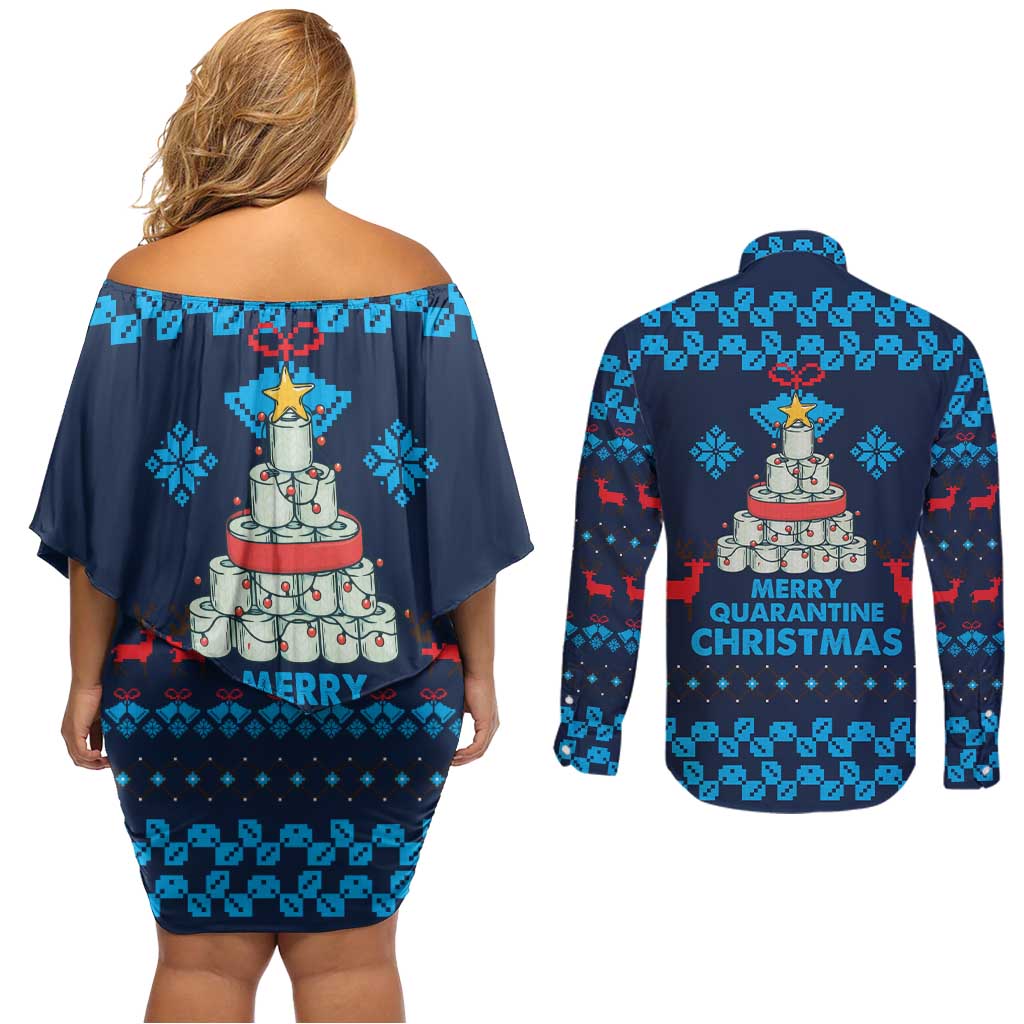 Merry Quarantine Christmas Couples Matching Off Shoulder Short Dress and Long Sleeve Button Shirt Xmas Holiday Patterns - Wonder Print Shop