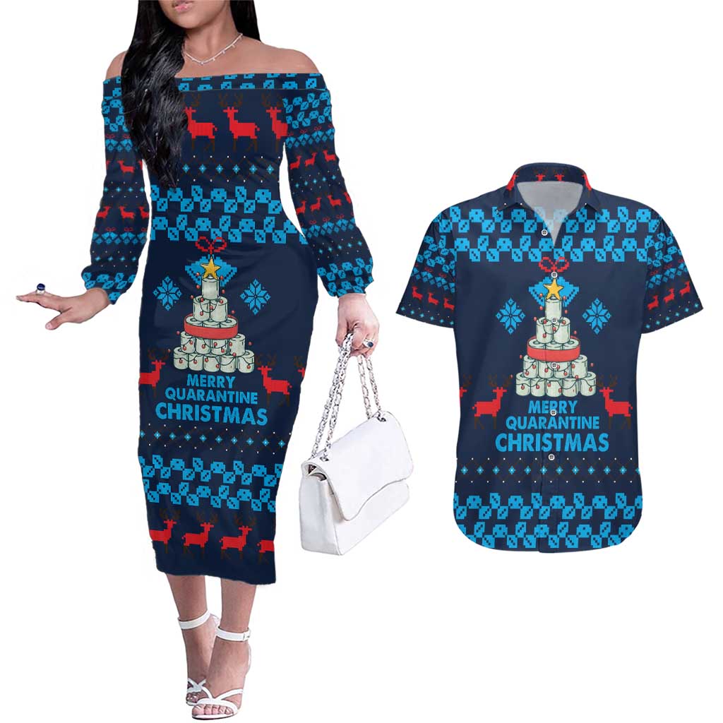 Merry Quarantine Christmas Couples Matching Off The Shoulder Long Sleeve Dress and Hawaiian Shirt Xmas Holiday Patterns - Wonder Print Shop