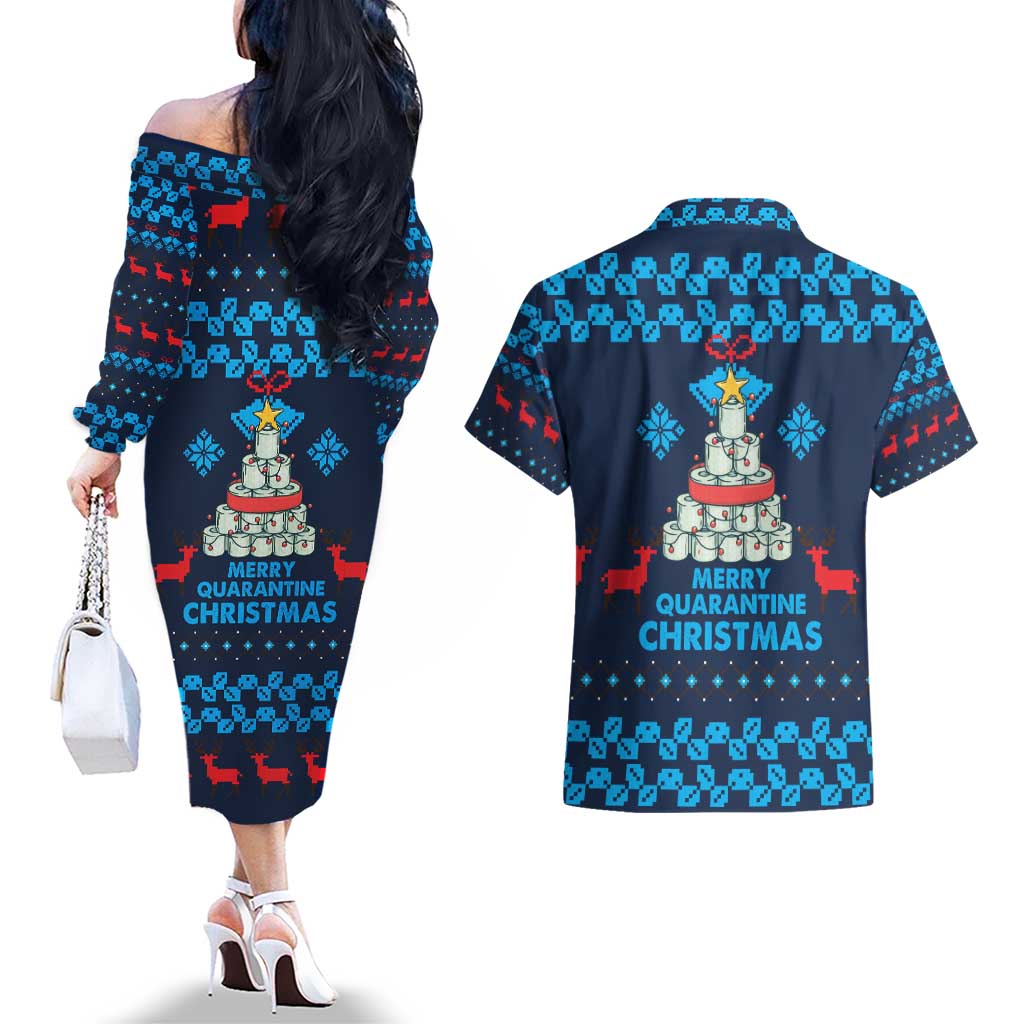 Merry Quarantine Christmas Couples Matching Off The Shoulder Long Sleeve Dress and Hawaiian Shirt Xmas Holiday Patterns - Wonder Print Shop