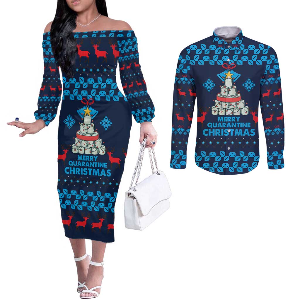 Merry Quarantine Christmas Couples Matching Off The Shoulder Long Sleeve Dress and Long Sleeve Button Shirt Xmas Holiday Patterns - Wonder Print Shop