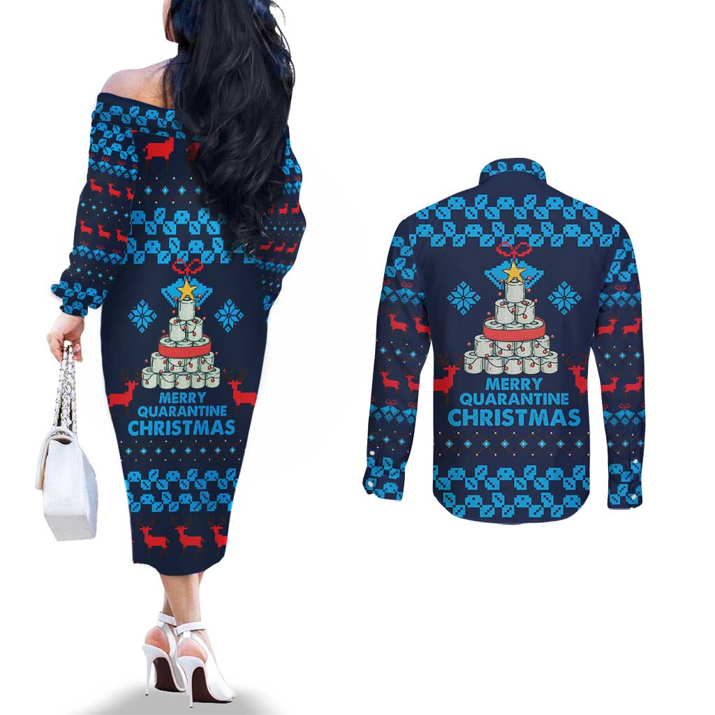 Merry Quarantine Christmas Couples Matching Off The Shoulder Long Sleeve Dress and Long Sleeve Button Shirt Xmas Holiday Patterns - Wonder Print Shop