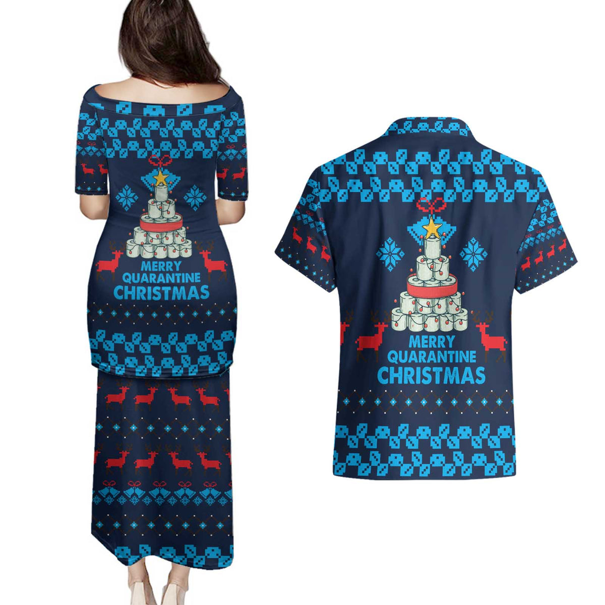 Merry Quarantine Christmas Couples Matching Puletasi and Hawaiian Shirt Xmas Holiday Patterns - Wonder Print Shop