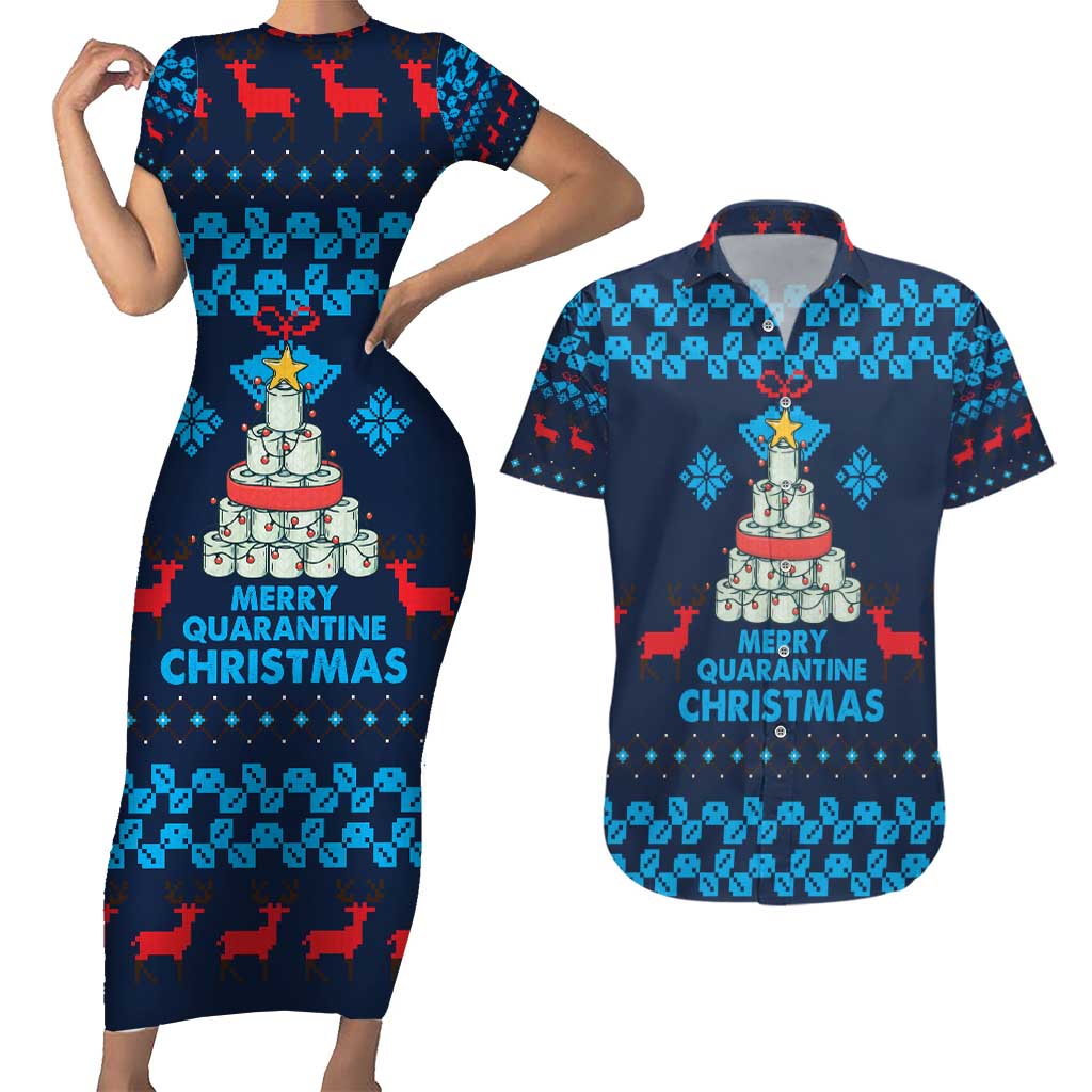 Merry Quarantine Christmas Couples Matching Short Sleeve Bodycon Dress and Hawaiian Shirt Xmas Holiday Patterns - Wonder Print Shop