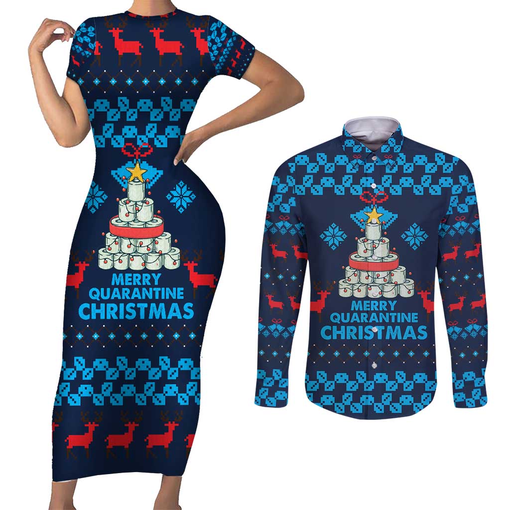 Merry Quarantine Christmas Couples Matching Short Sleeve Bodycon Dress and Long Sleeve Button Shirt Xmas Holiday Patterns - Wonder Print Shop