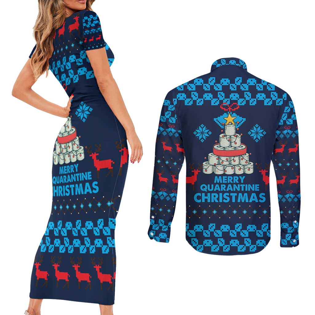 Merry Quarantine Christmas Couples Matching Short Sleeve Bodycon Dress and Long Sleeve Button Shirt Xmas Holiday Patterns - Wonder Print Shop