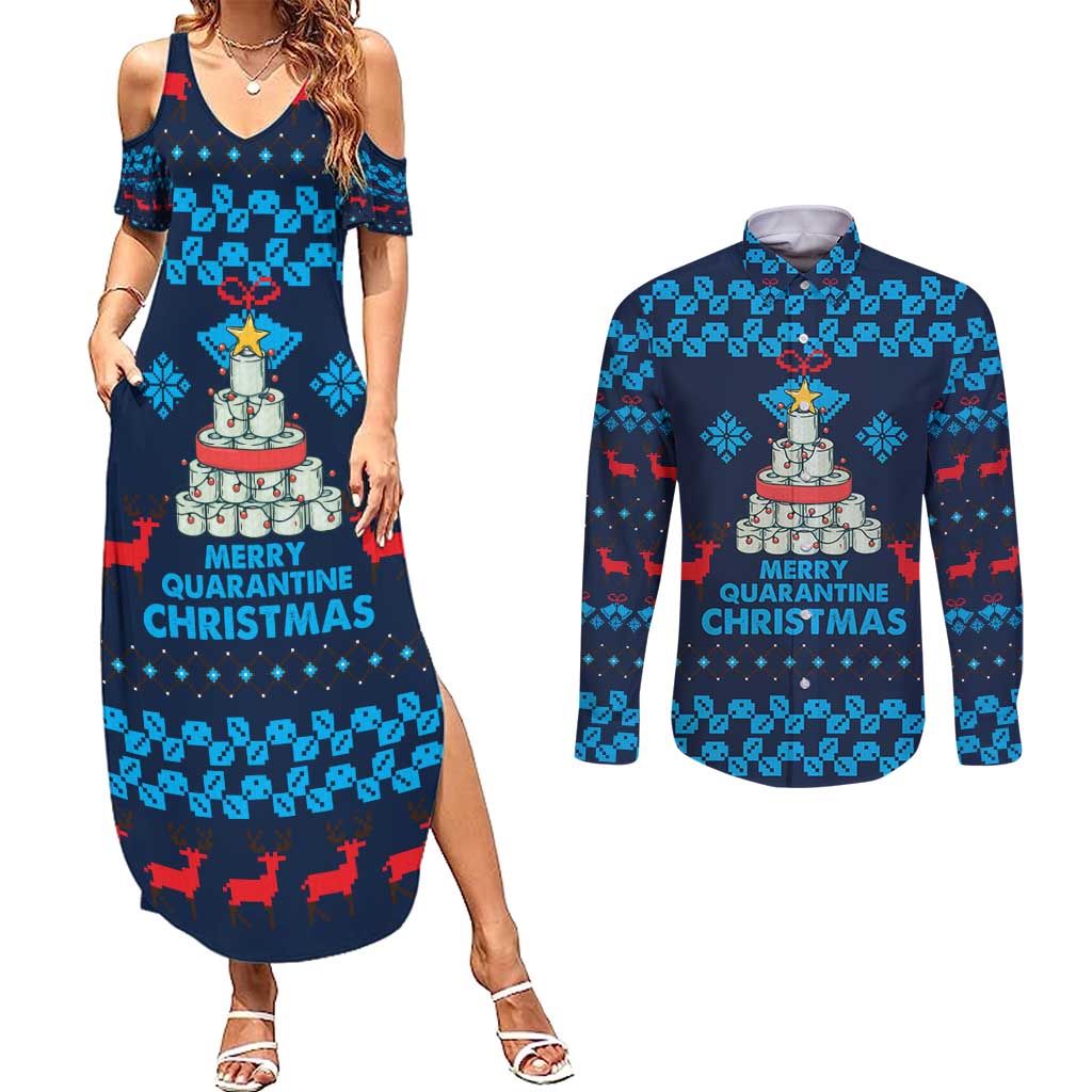 Merry Quarantine Christmas Couples Matching Summer Maxi Dress and Long Sleeve Button Shirt Xmas Holiday Patterns - Wonder Print Shop