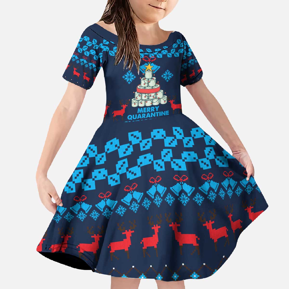 Merry Quarantine Christmas Family Matching Off The Shoulder Long Sleeve Dress and Hawaiian Shirt Xmas Holiday Patterns - Wonder Print Shop