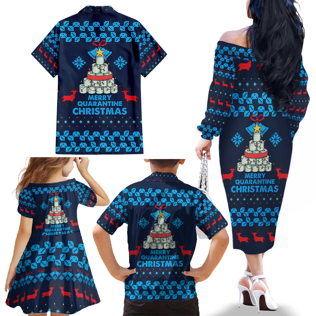 Merry Quarantine Christmas Family Matching Off The Shoulder Long Sleeve Dress and Hawaiian Shirt Xmas Holiday Patterns - Wonder Print Shop