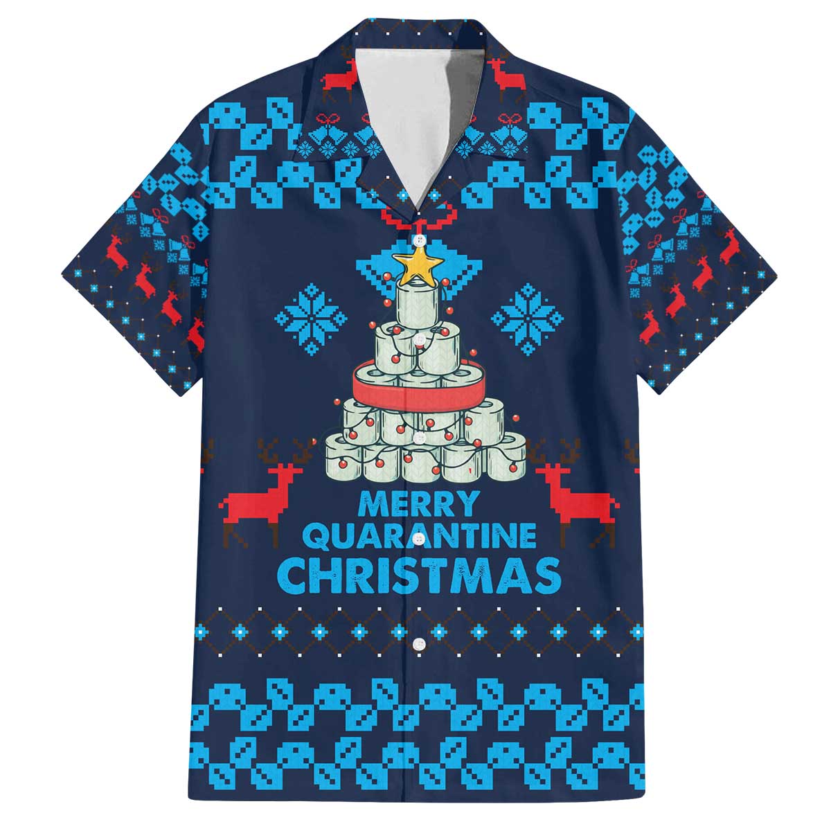 Merry Quarantine Christmas Family Matching Off The Shoulder Long Sleeve Dress and Hawaiian Shirt Xmas Holiday Patterns - Wonder Print Shop