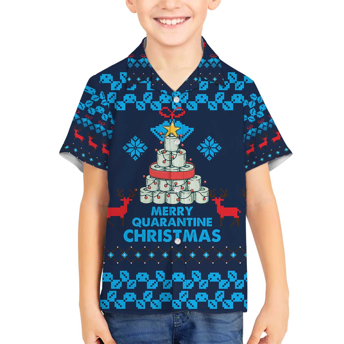 Merry Quarantine Christmas Family Matching Off The Shoulder Long Sleeve Dress and Hawaiian Shirt Xmas Holiday Patterns - Wonder Print Shop