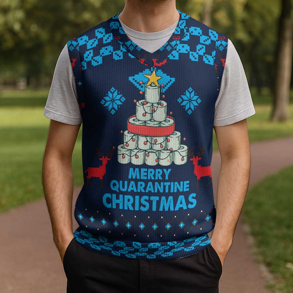Merry Quarantine Christmas Knitted V-Neck Vest Xmas Holiday Patterns - Wonder Print Shop