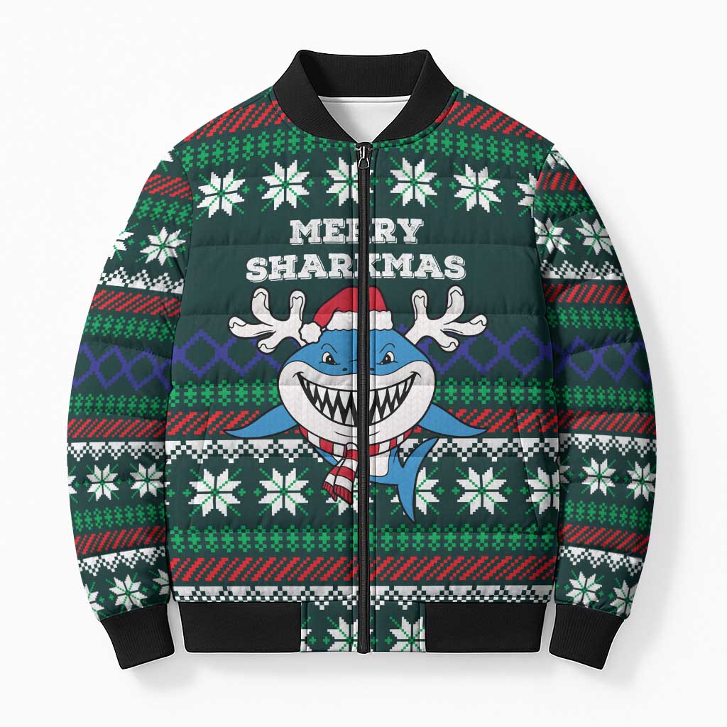 Merry Sharkmas Christmas Bomber Puffer Jacket Xmas Holiday Patterns - Wonder Print Shop