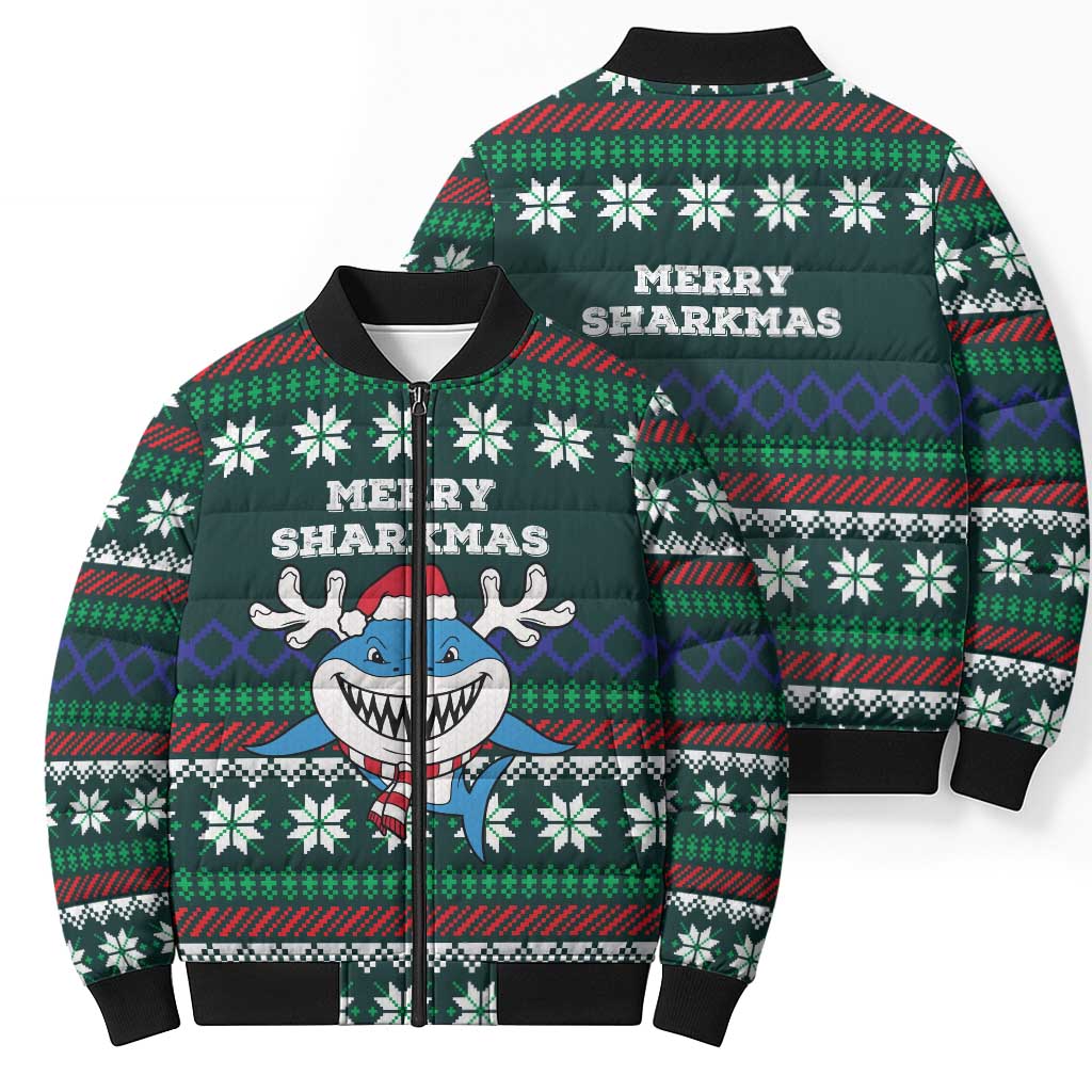 Merry Sharkmas Christmas Bomber Puffer Jacket Xmas Holiday Patterns - Wonder Print Shop