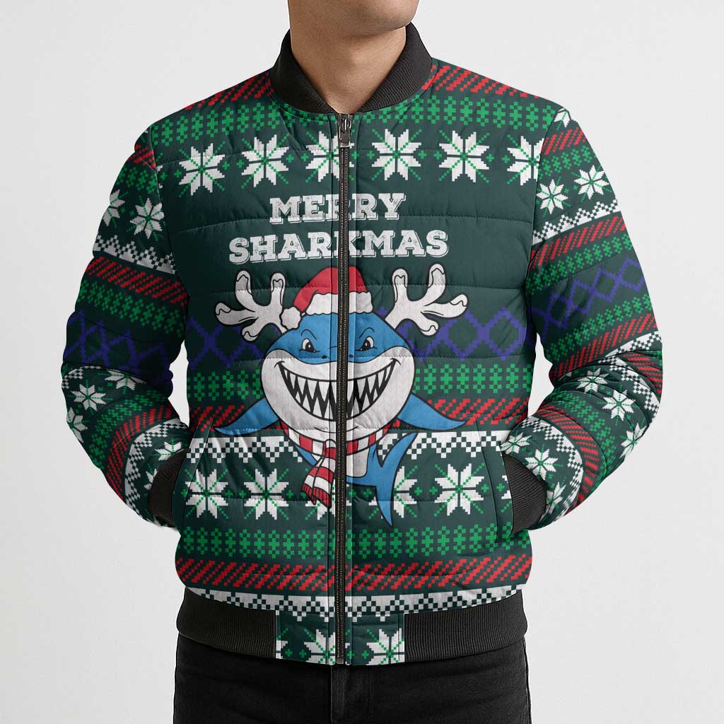 Merry Sharkmas Christmas Bomber Puffer Jacket Xmas Holiday Patterns - Wonder Print Shop