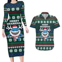 Merry Sharkmas Christmas Couples Matching Long Sleeve Bodycon Dress and Hawaiian Shirt Xmas Holiday Patterns - Wonder Print Shop