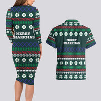 Merry Sharkmas Christmas Couples Matching Long Sleeve Bodycon Dress and Hawaiian Shirt Xmas Holiday Patterns - Wonder Print Shop