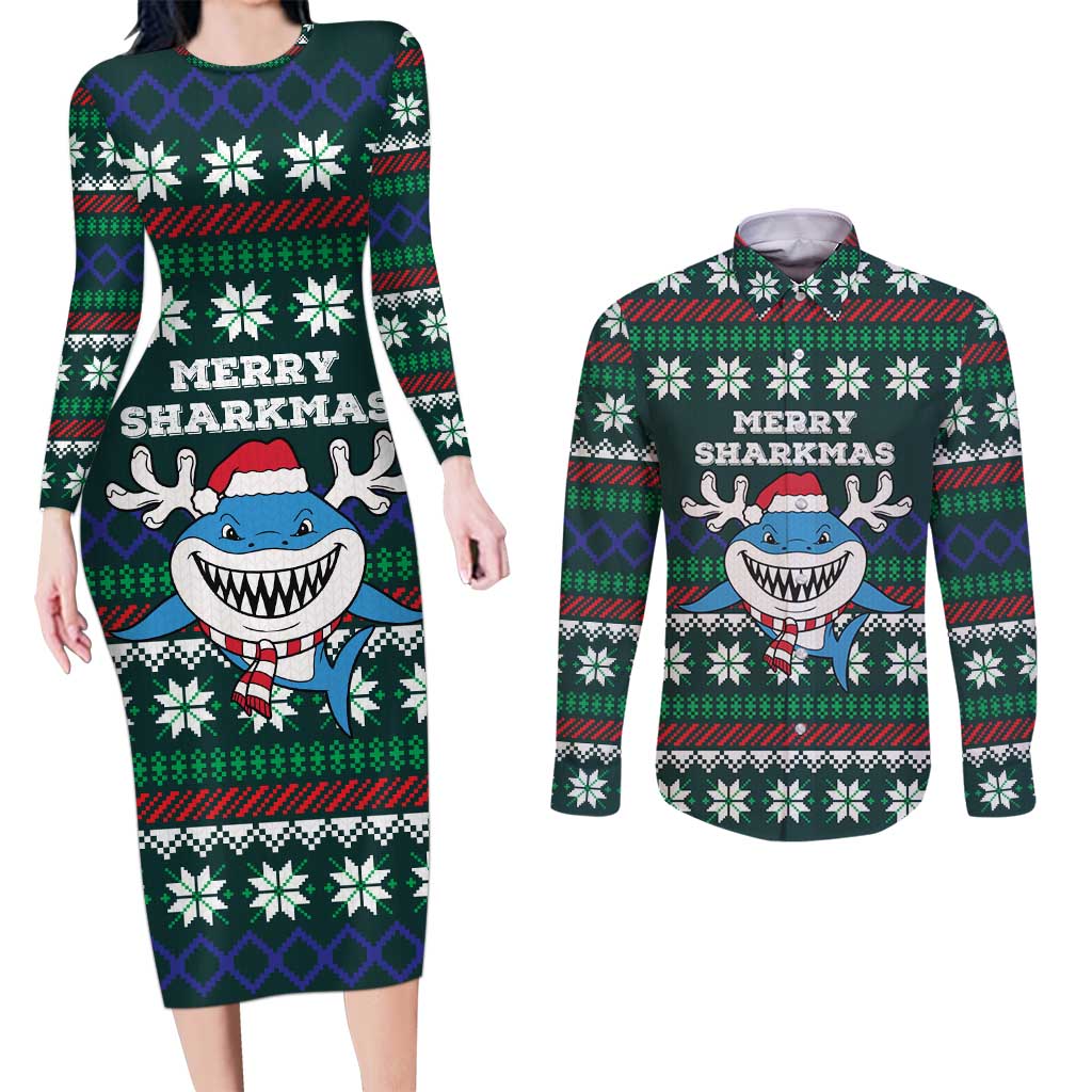 Merry Sharkmas Christmas Couples Matching Long Sleeve Bodycon Dress and Long Sleeve Button Shirt Xmas Holiday Patterns - Wonder Print Shop