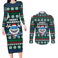 Merry Sharkmas Christmas Couples Matching Long Sleeve Bodycon Dress and Long Sleeve Button Shirt Xmas Holiday Patterns - Wonder Print Shop