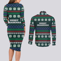 Merry Sharkmas Christmas Couples Matching Long Sleeve Bodycon Dress and Long Sleeve Button Shirt Xmas Holiday Patterns - Wonder Print Shop