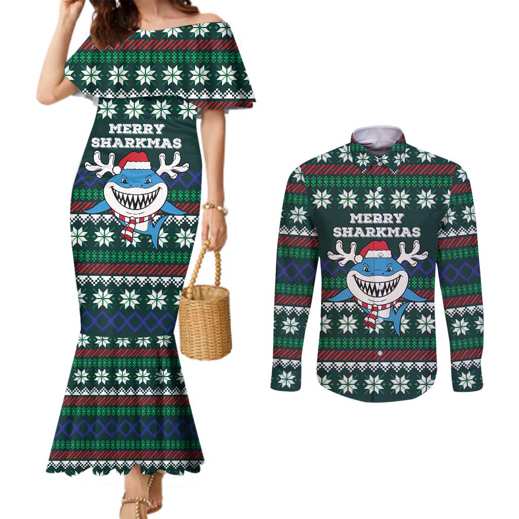Merry Sharkmas Christmas Couples Matching Mermaid Dress and Long Sleeve Button Shirt Xmas Holiday Patterns - Wonder Print Shop