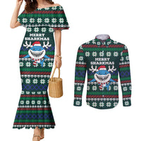 Merry Sharkmas Christmas Couples Matching Mermaid Dress and Long Sleeve Button Shirt Xmas Holiday Patterns - Wonder Print Shop