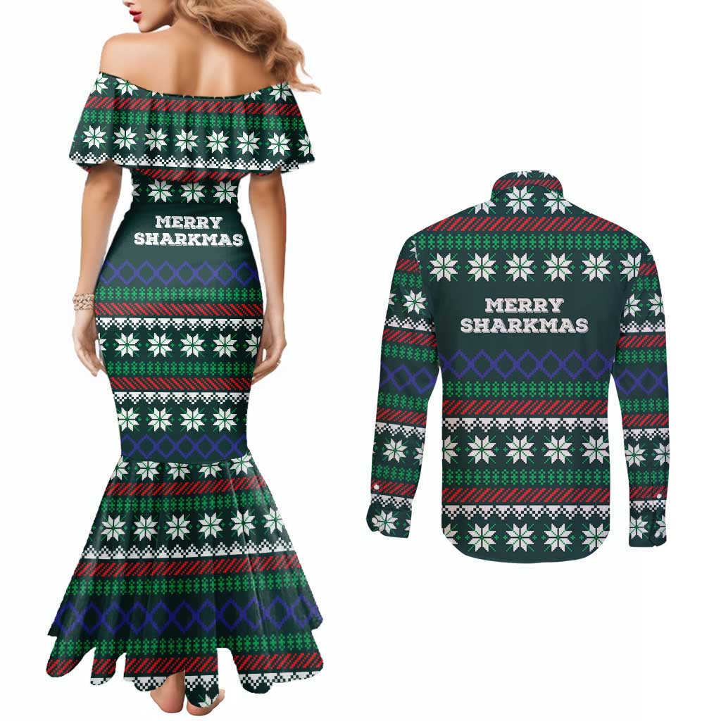 Merry Sharkmas Christmas Couples Matching Mermaid Dress and Long Sleeve Button Shirt Xmas Holiday Patterns - Wonder Print Shop