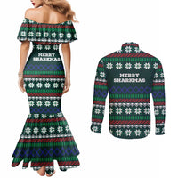 Merry Sharkmas Christmas Couples Matching Mermaid Dress and Long Sleeve Button Shirt Xmas Holiday Patterns - Wonder Print Shop