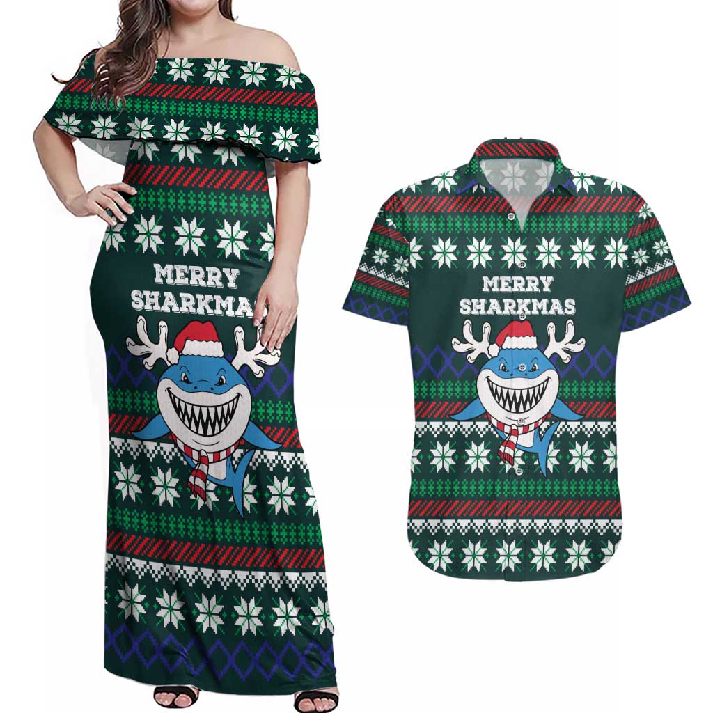 Merry Sharkmas Christmas Couples Matching Off Shoulder Maxi Dress and Hawaiian Shirt Xmas Holiday Patterns - Wonder Print Shop