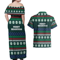 Merry Sharkmas Christmas Couples Matching Off Shoulder Maxi Dress and Hawaiian Shirt Xmas Holiday Patterns - Wonder Print Shop