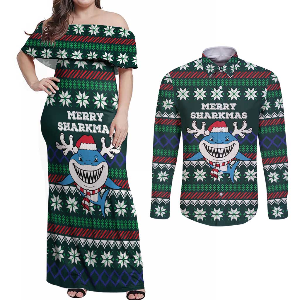 Merry Sharkmas Christmas Couples Matching Off Shoulder Maxi Dress and Long Sleeve Button Shirt Xmas Holiday Patterns - Wonder Print Shop