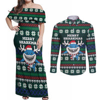 Merry Sharkmas Christmas Couples Matching Off Shoulder Maxi Dress and Long Sleeve Button Shirt Xmas Holiday Patterns - Wonder Print Shop