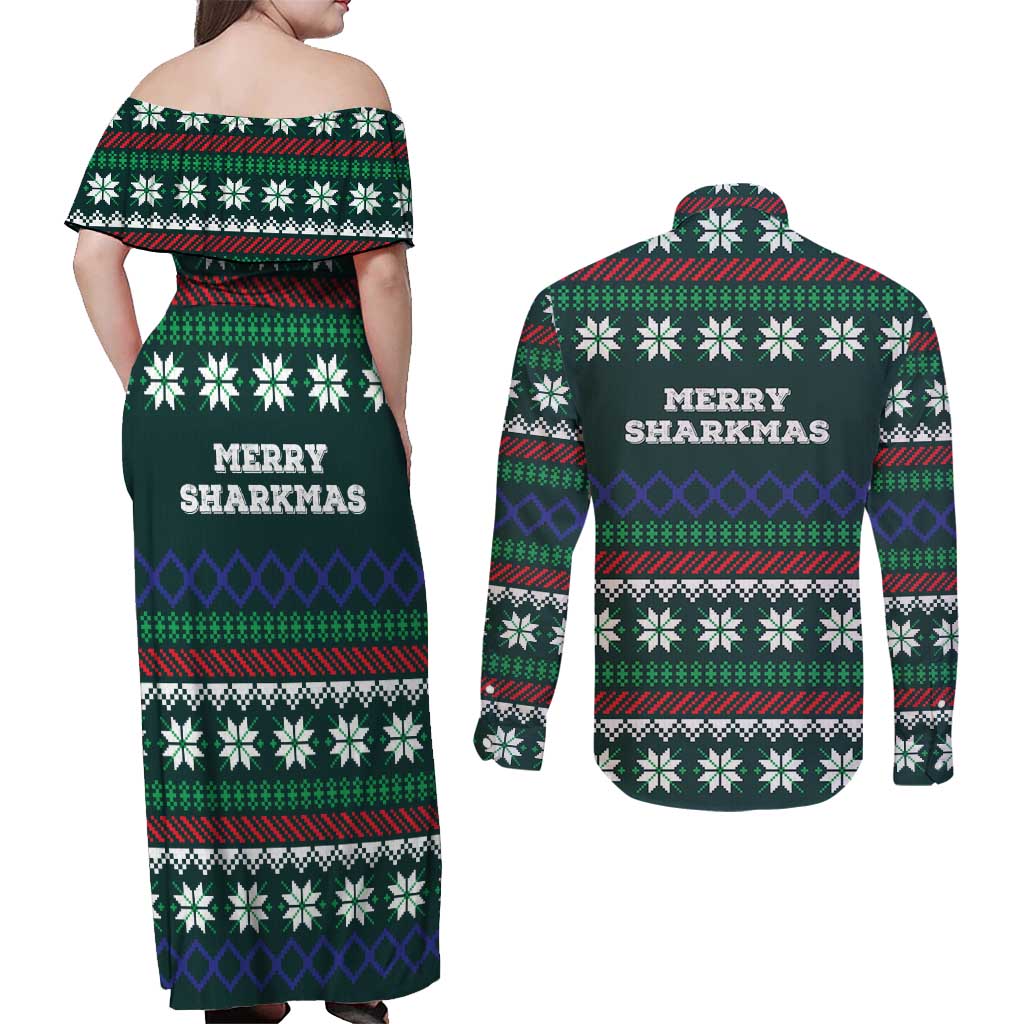 Merry Sharkmas Christmas Couples Matching Off Shoulder Maxi Dress and Long Sleeve Button Shirt Xmas Holiday Patterns - Wonder Print Shop